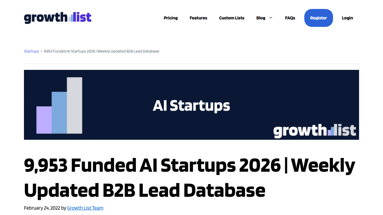 A snapshot of GrowthList, a resource tracking funding and investment trends in AI startups across various sectors.