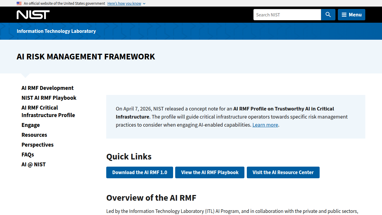 The NIST AI Risk Management Framework page, providing guidelines for managing risks associated with artificial intelligence development.