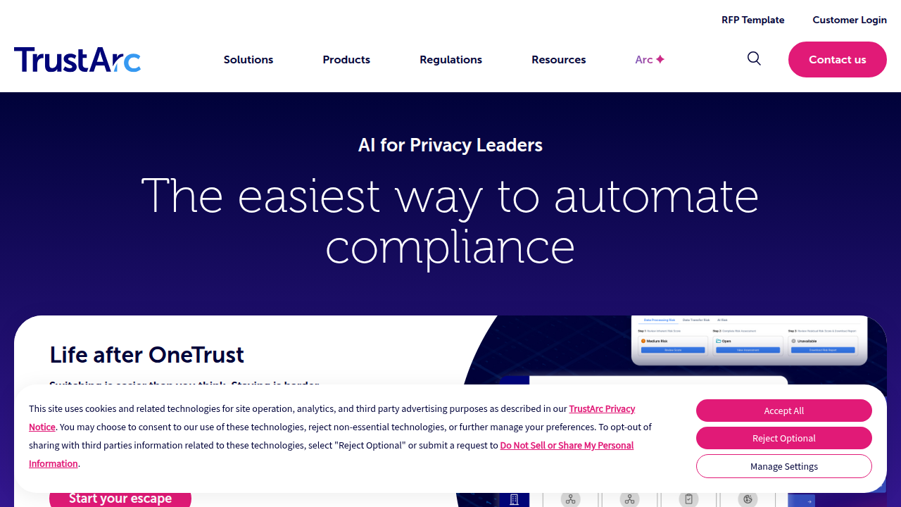 The homepage of TrustArc, a leading platform for understanding data privacy implications of generative AI.