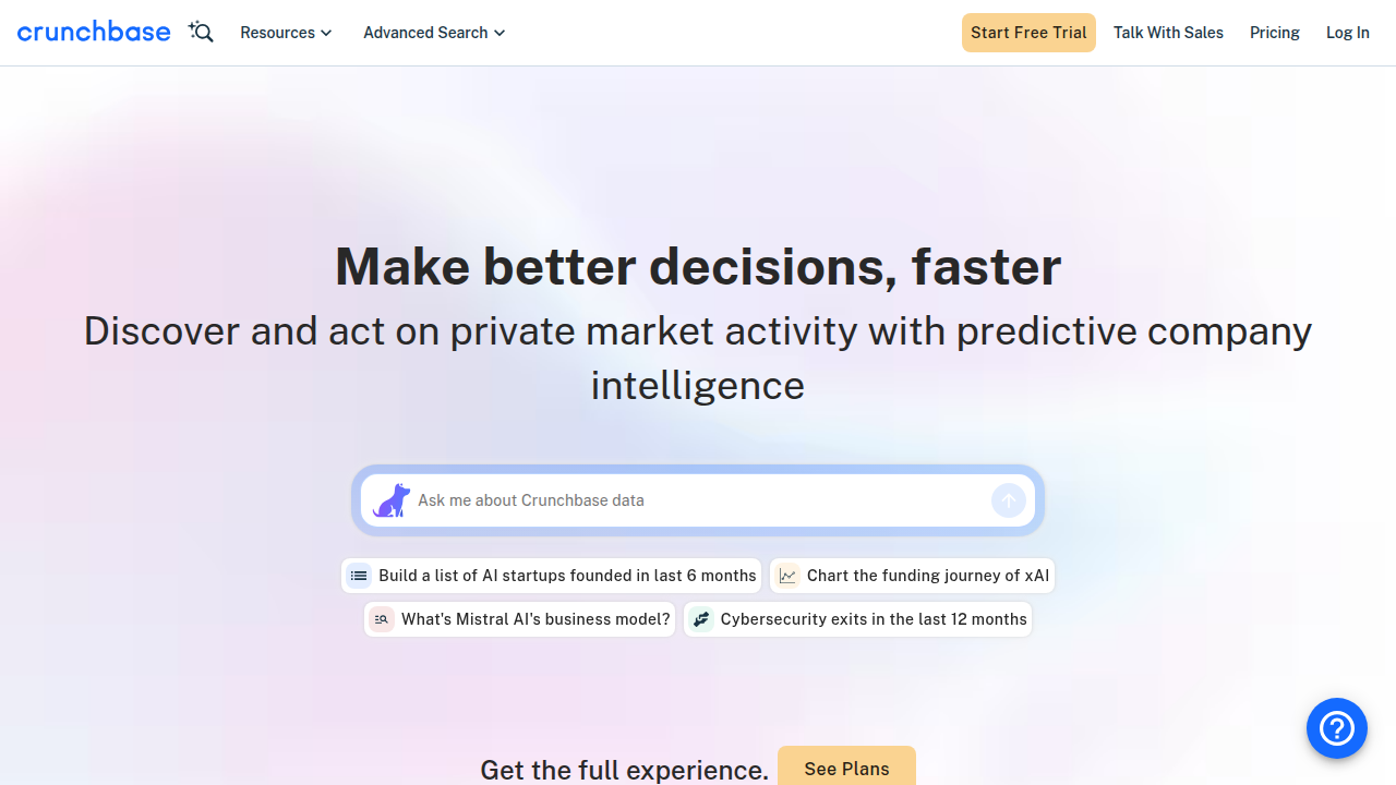 The Crunchbase homepage, providing insights into foundational AI startup funding and market trends.