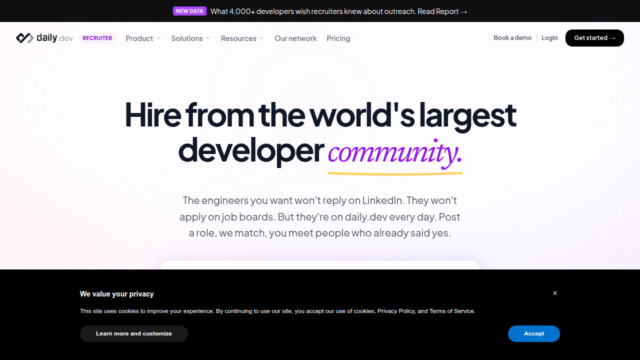 Screenshot of the recruiter.daily.dev homepage, a resource for developer salary benchmarks.