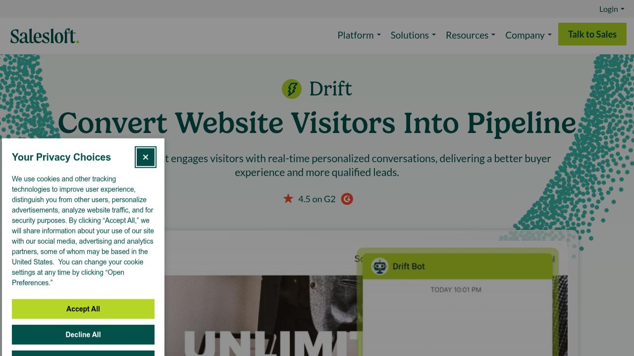 Drift AI chatbots engage website visitors to efficiently qualify leads and schedule meetings around the clock.