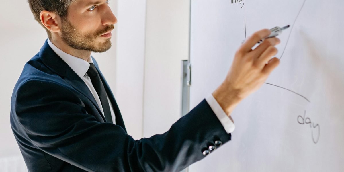 A person meticulously outlining a plan on a whiteboard, illustrating the structured approach to AI learning.