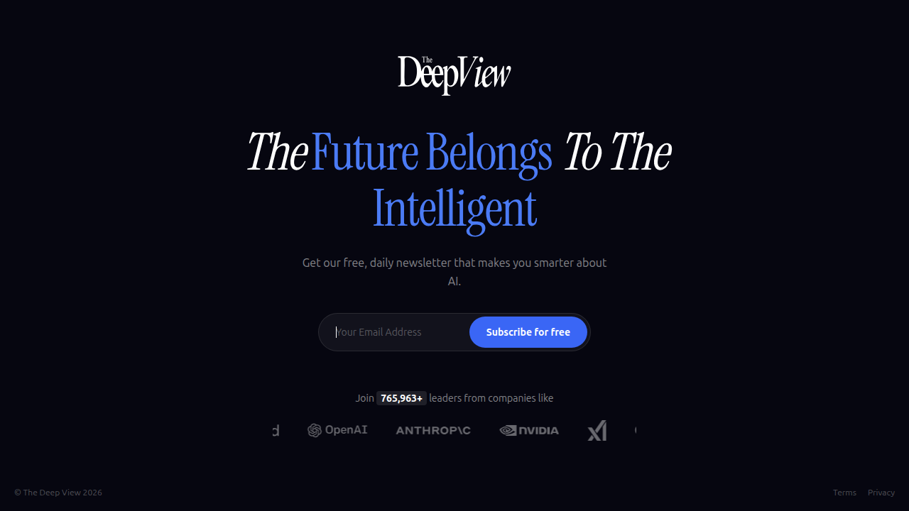 Screenshot of The Deep View Newsletter's subscription page, offering daily AI updates and insights.