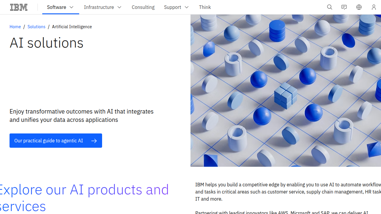 Screenshot of IBM's Artificial Intelligence homepage, highlighting their AI solutions and research areas.