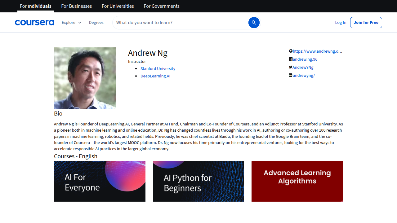 Screenshot of Andrew Ng's instructor page on Coursera, listing his popular machine learning and AI courses.