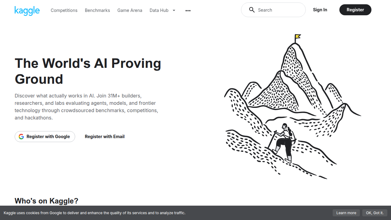 Screenshot of the Kaggle homepage, a leading platform for data science competitions and collaborative learning.