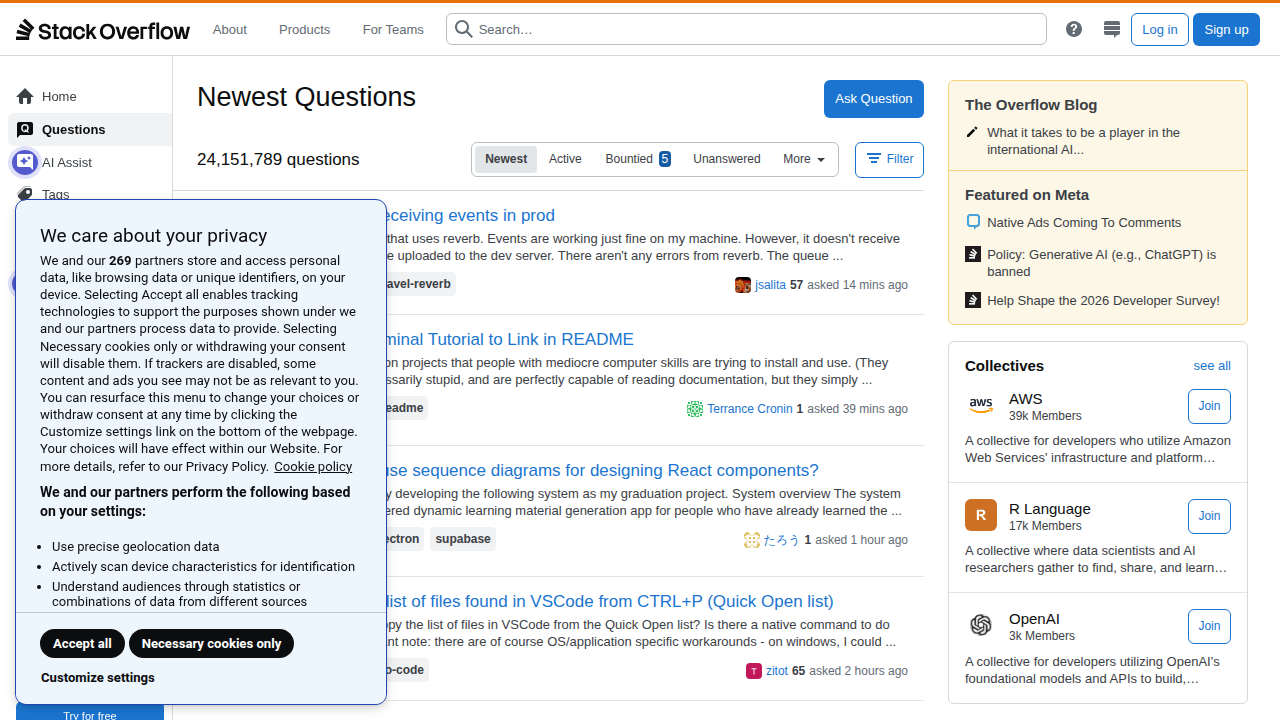 A screenshot of the Stack Overflow homepage, a premier Q&A platform for developers and technologists.