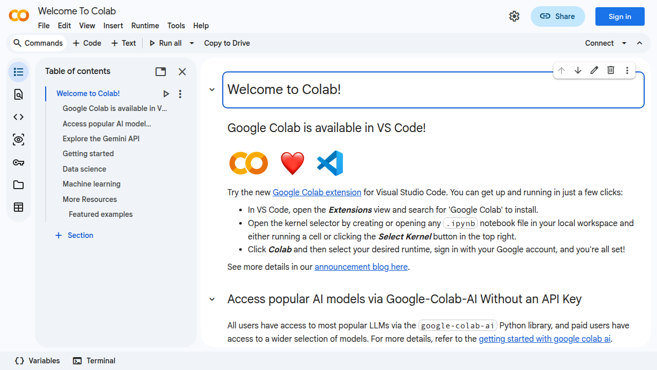 A view of Google Colaboratory, a free cloud-based notebook environment for machine learning.