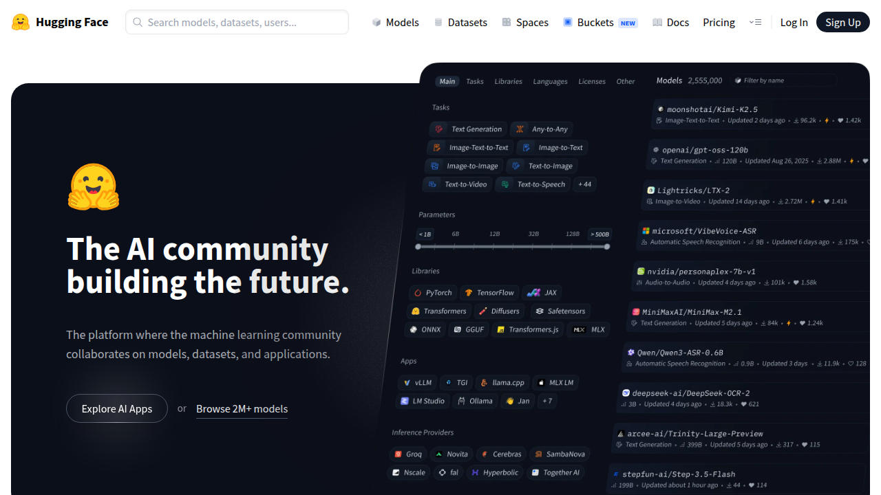 Explore the Hugging Face website, a hub for open-source machine learning models and collaborative spaces.
