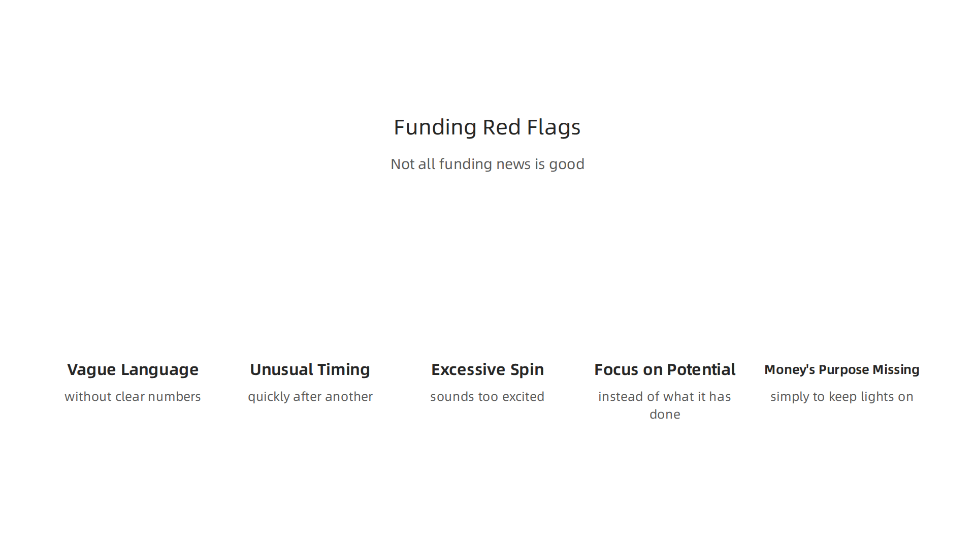 An infographic listing five critical red flags to watch out for in CEO funding announcements that might signal underlying problems.