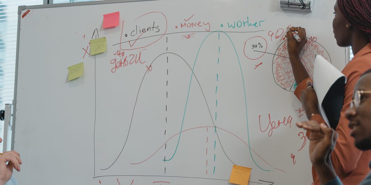 A diverse business team collaborating and strategizing around a whiteboard, reflecting the careful analysis of market signals.