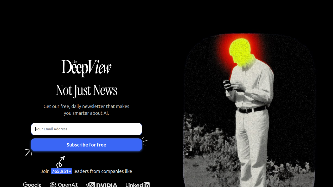 A screenshot of The Deep View's subscription page, offering concise, actionable insights for AI updates.