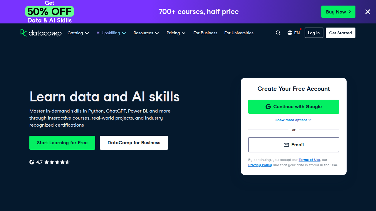 The DataCamp homepage, a platform for data science and AI education, featuring resources and courses.
