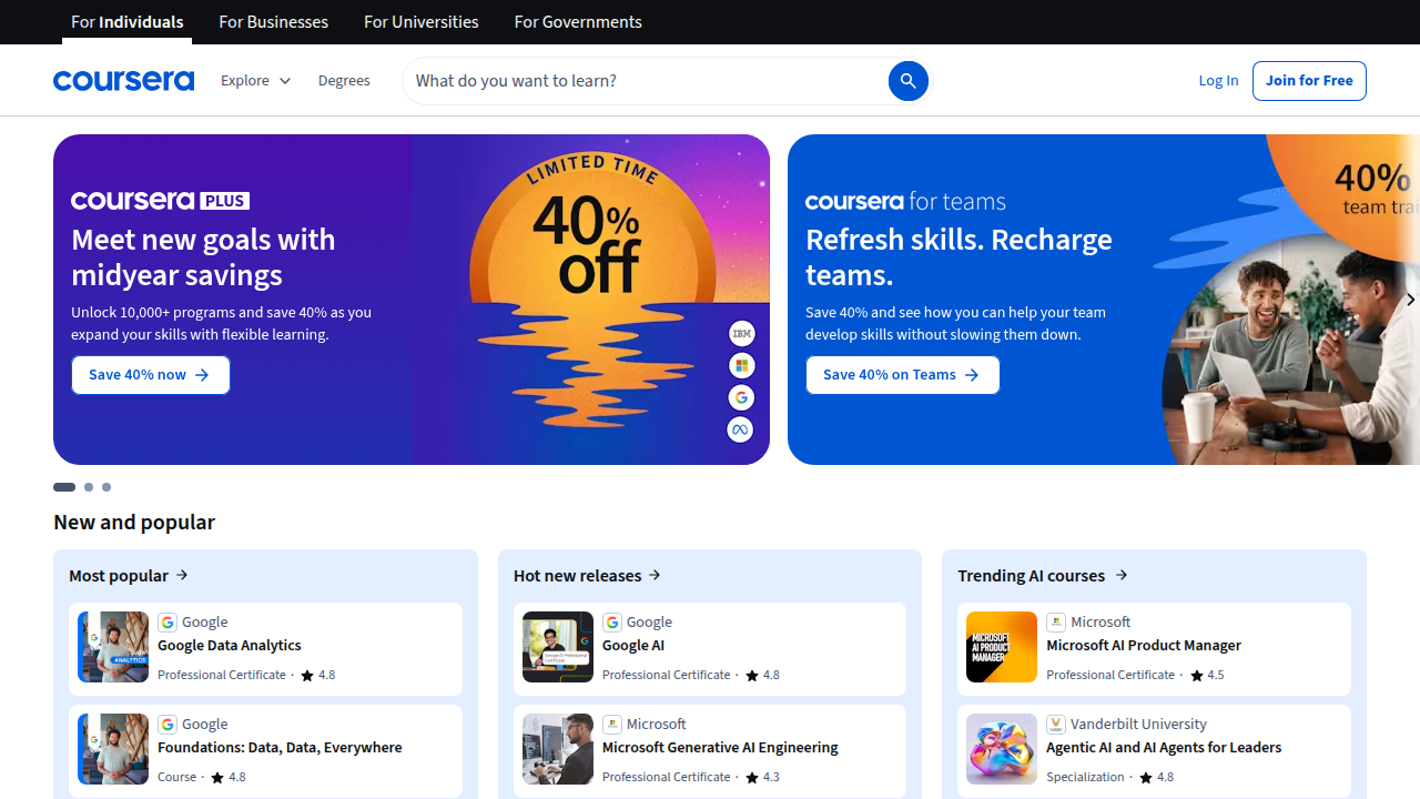 A view of the Coursera platform, home to numerous foundational AI courses including Andrew Ng's Machine Learning Specialization.