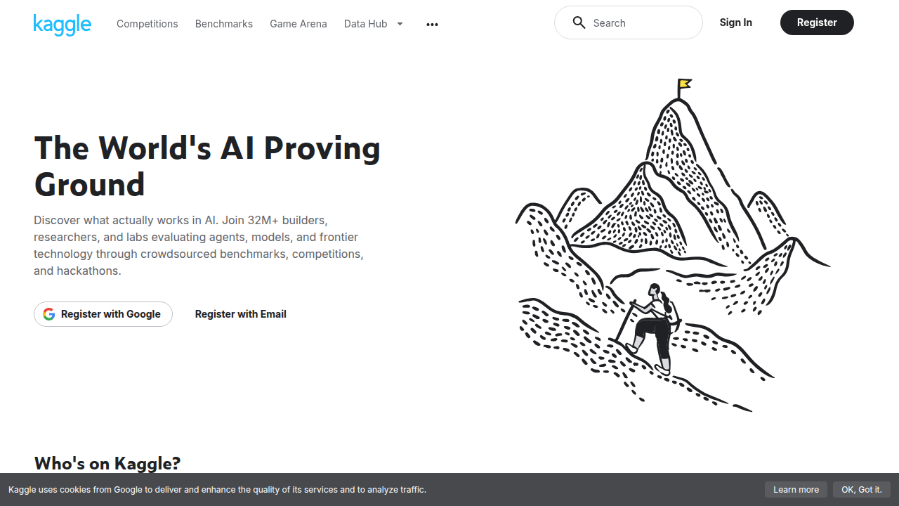 The Kaggle platform, showcasing its array of datasets and machine learning competitions for AI practitioners.
