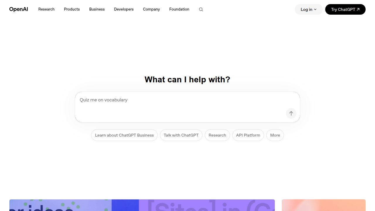Screenshot of the OpenAI homepage, a key AI company backed by Thrive Capital.