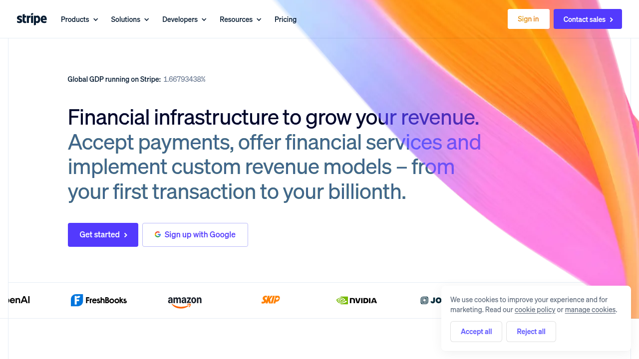 Screenshot of the Stripe website, one of Thrive Capital's notable portfolio companies in fintech.