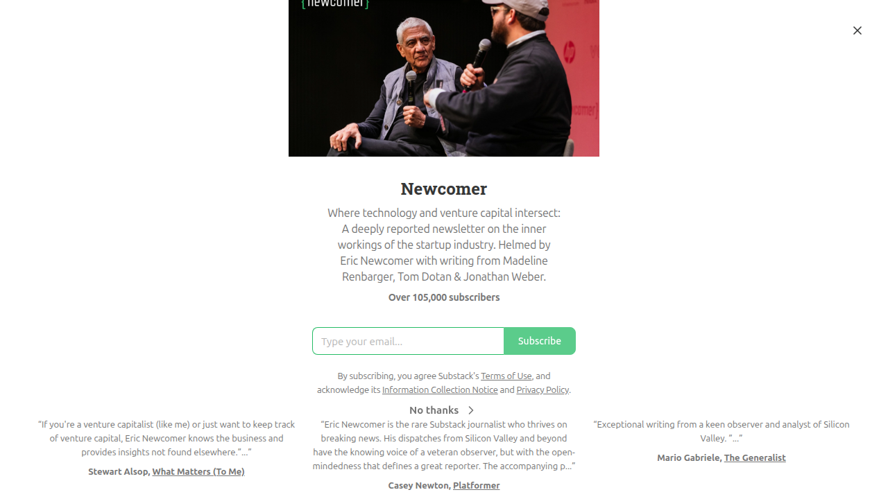 Screenshot of the Newcomer.co website, a source for venture capital news and analysis.