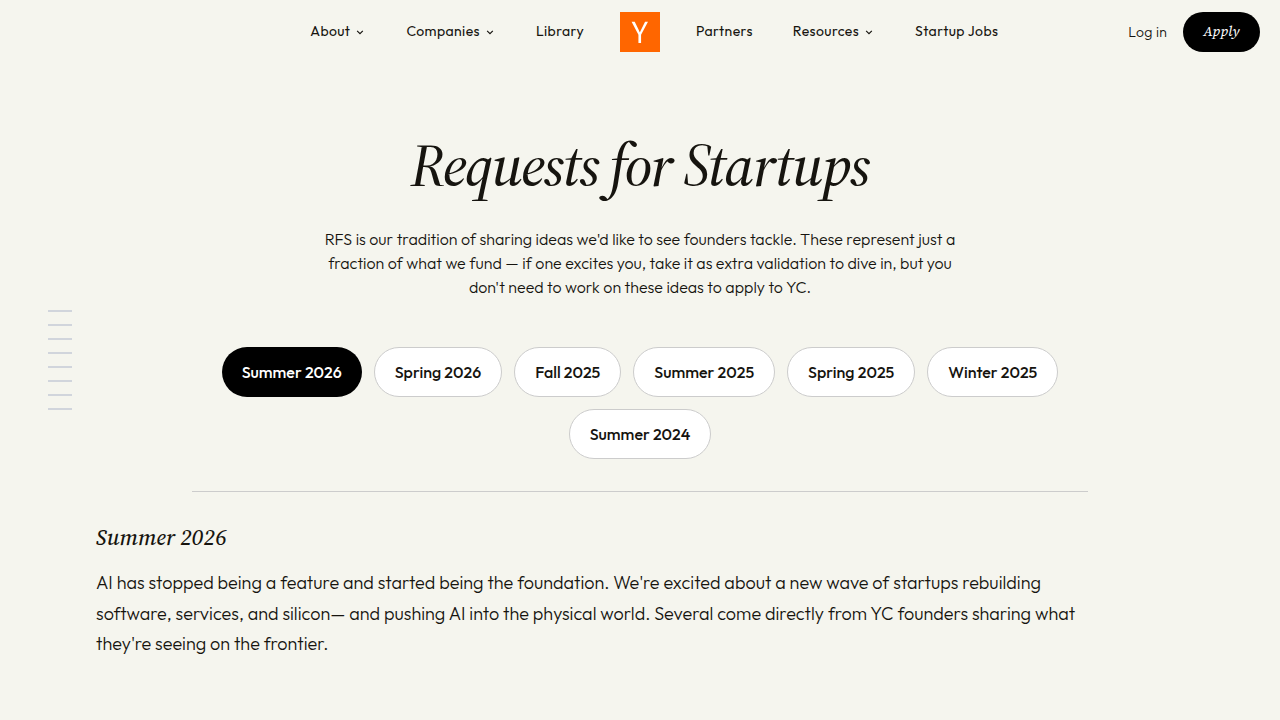 Screenshot of Y Combinator's Requests for Startups page, a valuable resource for identifying investor-backed problem areas for new ventures.
