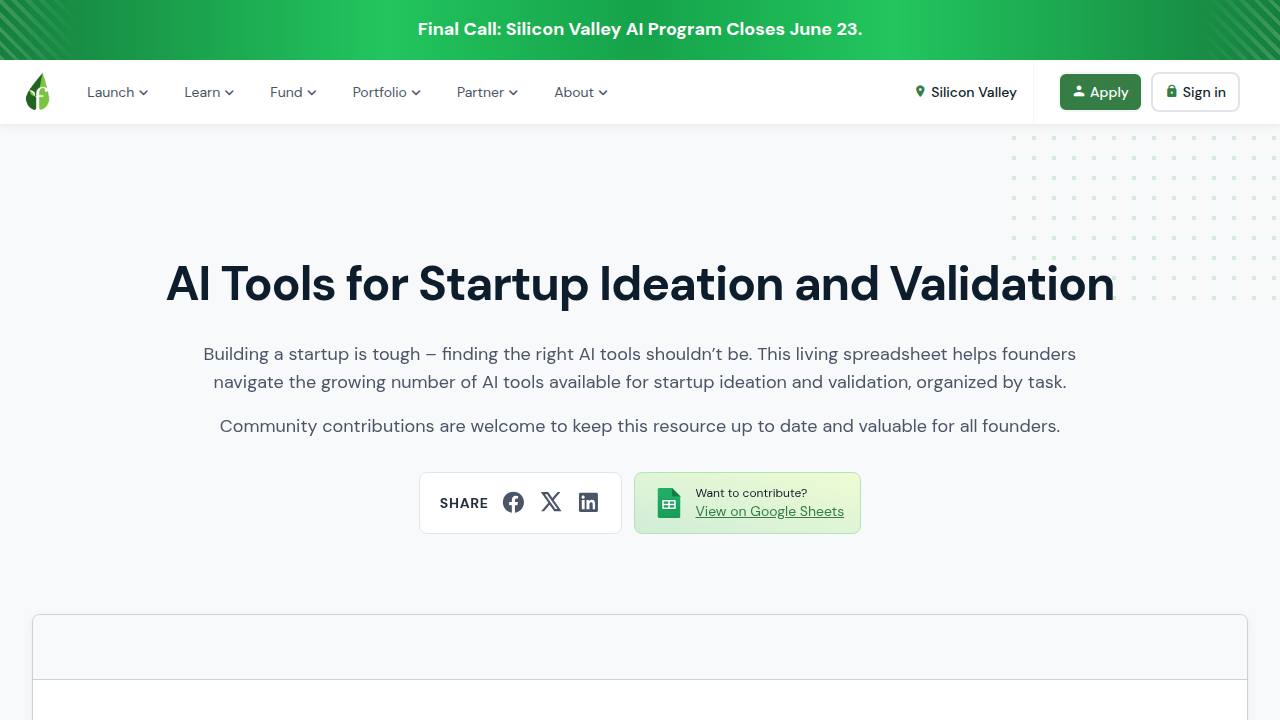 Screenshot of the Founder Institute website, showcasing resources for AI startup ideation and validation.