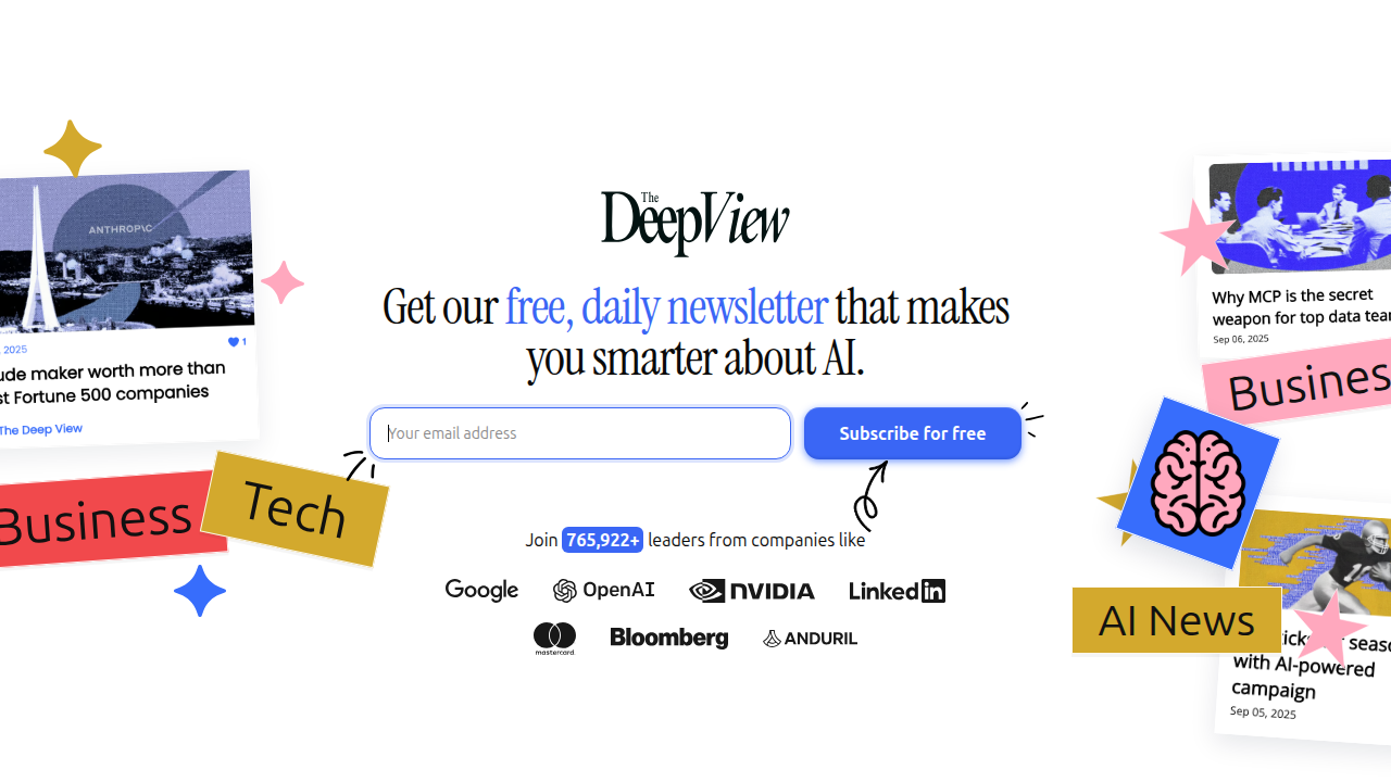 Screenshot of The Deep View Newsletter's subscription page, offering daily AI updates.