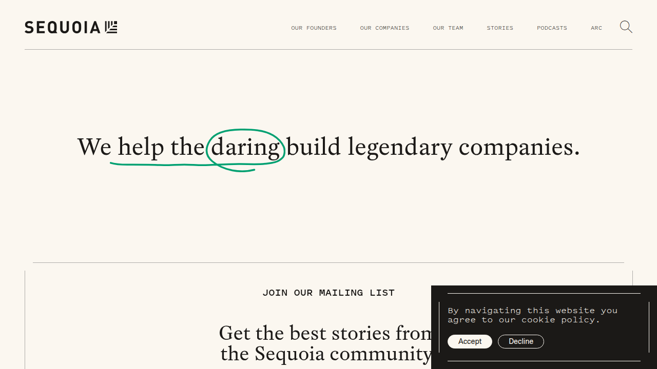 Screenshot of Sequoia Capital's website, a prominent venture capital firm known for its deep involvement.