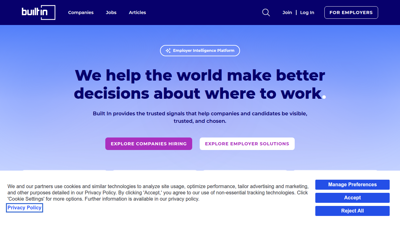 Screenshot of Built In's homepage, a platform featuring tech companies and career advice, including lists of companies with rotational programs.