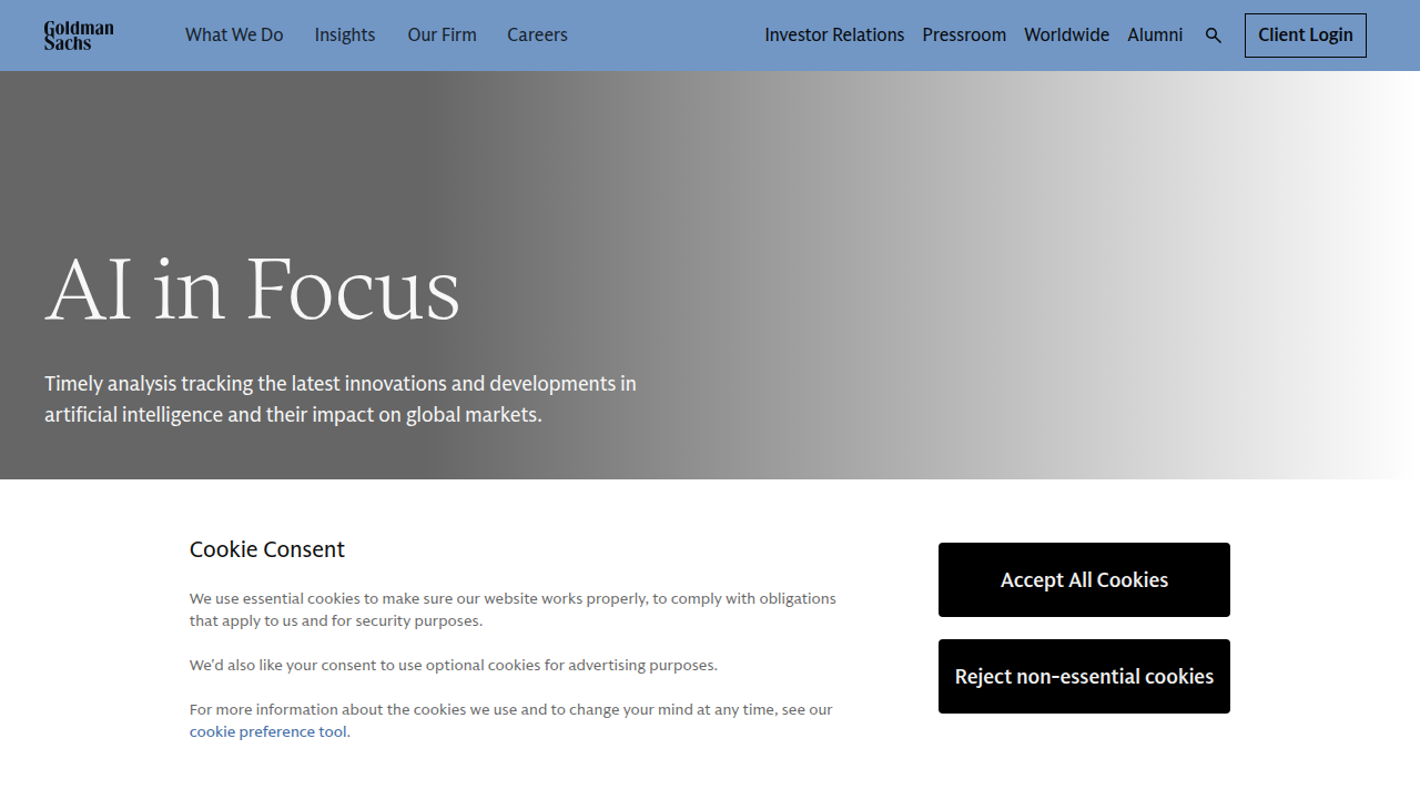 The Goldman Sachs website, a source for insights into AI's impact on the global labor market.