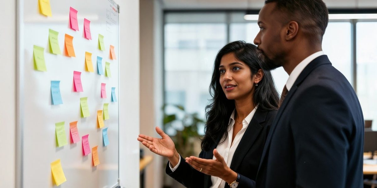 A professional outlines trading strategies on a whiteboard, preparing for market movements and managing risks.