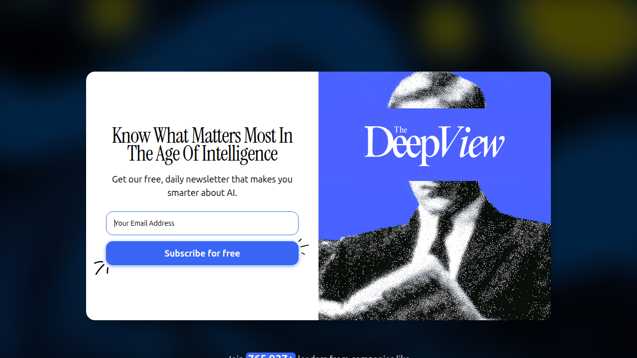 Screenshot of The Deep View newsletter's subscription page, highlighting access to AI trends and market insights.