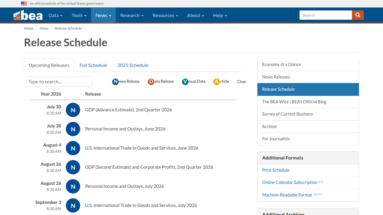 A screenshot of the official Bureau of Economic Analysis website, showing their schedule for economic data releases like GDP.