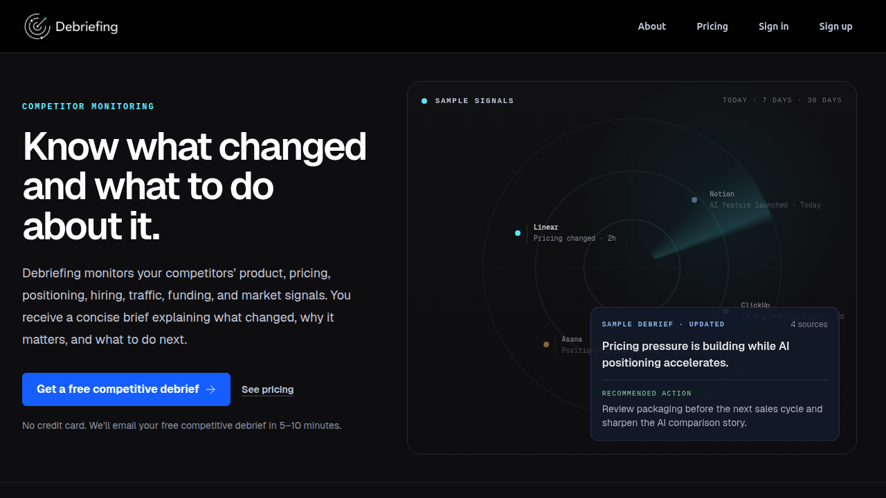 Screenshot of Debriefing.io's homepage, a source for AI venture capital data and insights.