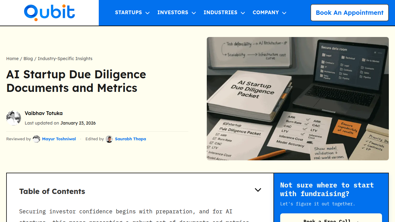 Screenshot of Qubit Capital's blog, offering insights on AI startup due diligence.