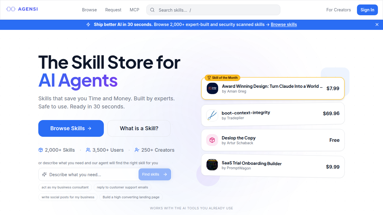 The homepage of Agensi.io, a company focusing on AI development workflows and solutions.