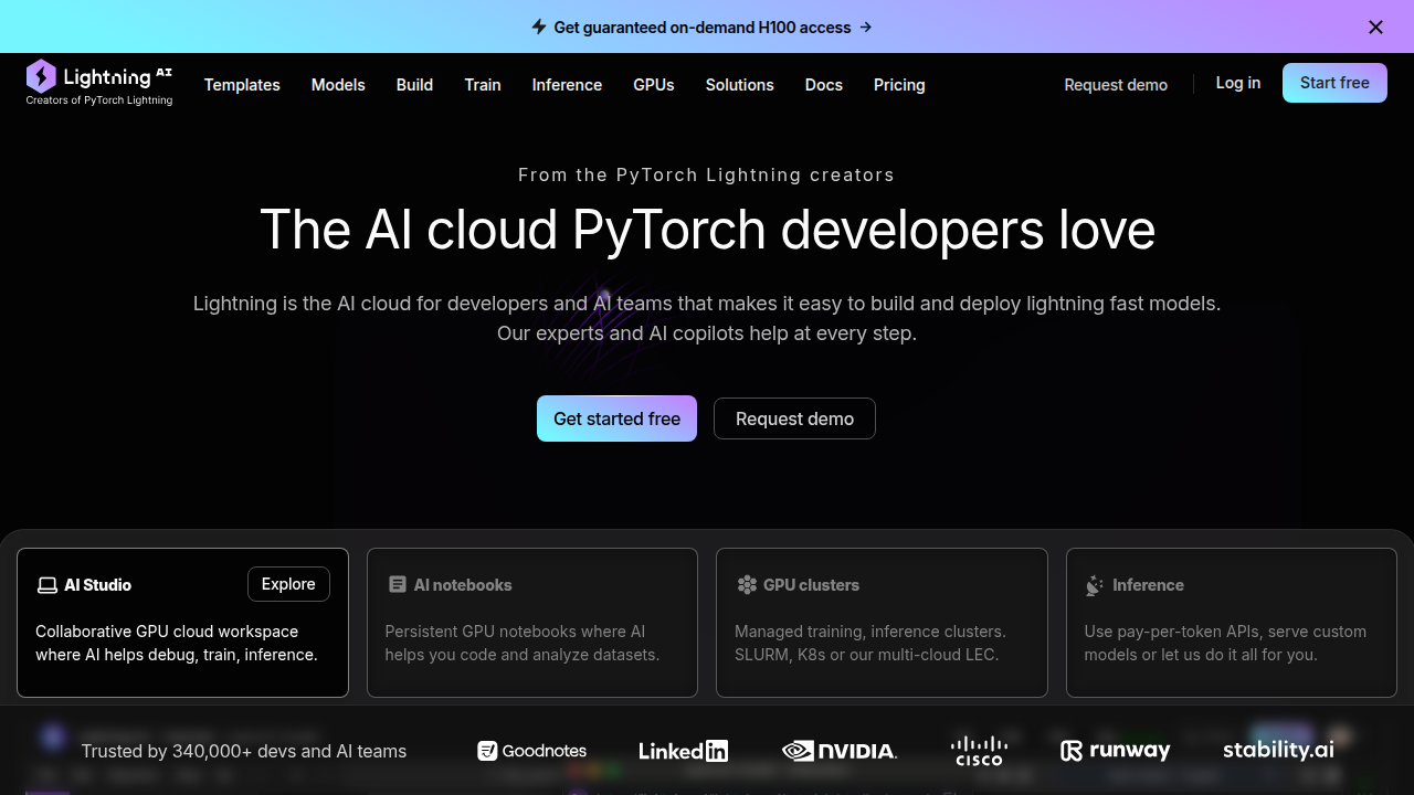 The homepage of Lightning AI, showcasing its integrated development environment and tools for building AI models.