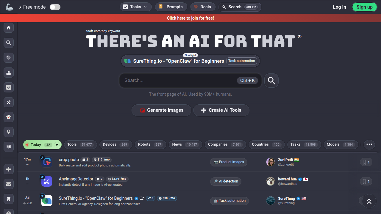 The homepage of 'There's An AI For That', a resource listing various AI tools and applications.