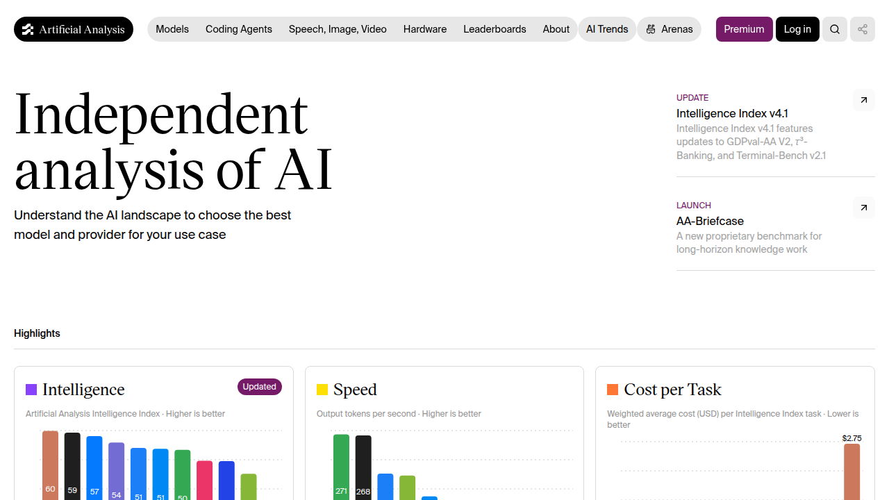 The homepage of Artificial Analysis AI, a platform for comparing different AI models based on performance and latency.
