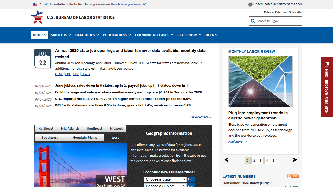 Screenshot of the Bureau of Labor Statistics homepage, a key source for employment data including remote work trends.