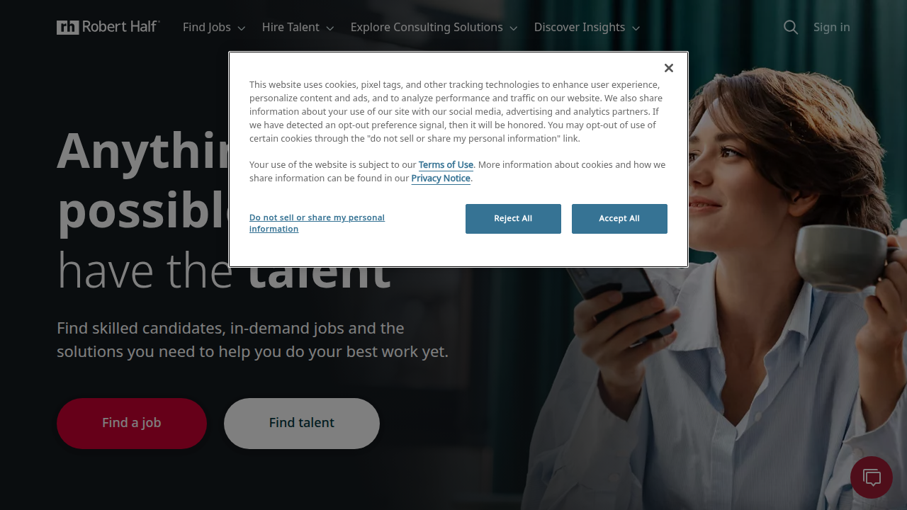 Screenshot of the Robert Half homepage, a staffing firm offering salary guides and job opportunities in tech.