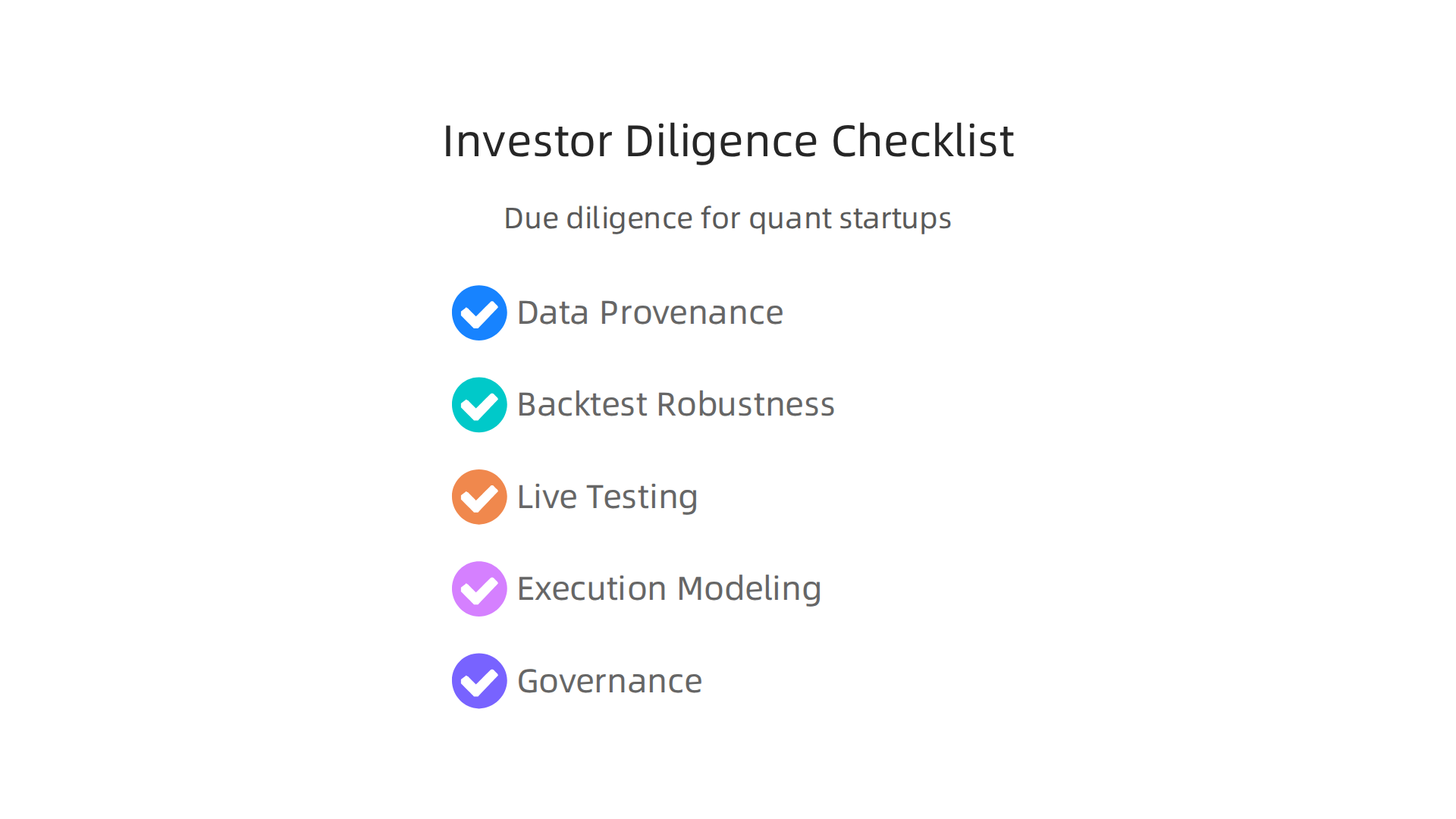 A checklist infographic outlining key areas investors evaluate during due diligence for quantitative trading startups.
