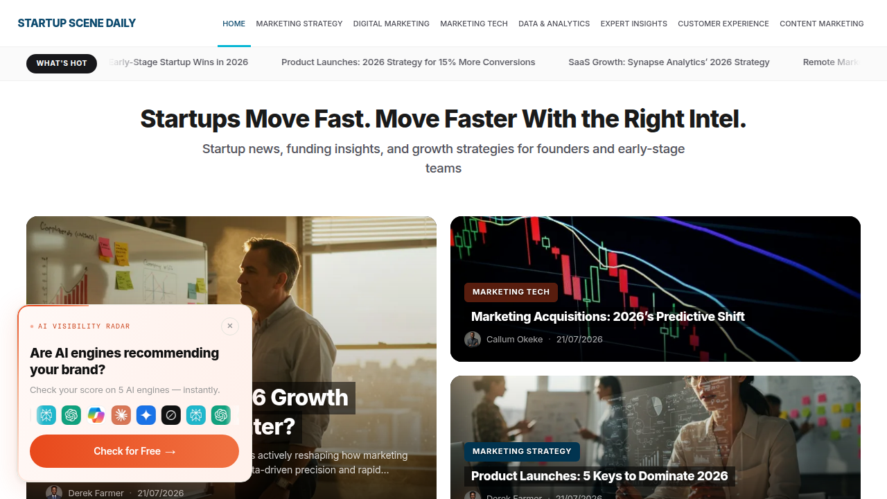 A screenshot of the Startupscene Daily homepage, offering insights into venture capital scrutiny and AI due diligence in 2026.