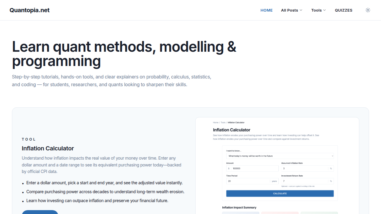A screenshot of the Quantopia homepage, a resource providing guides on backtesting trading strategies in Python.