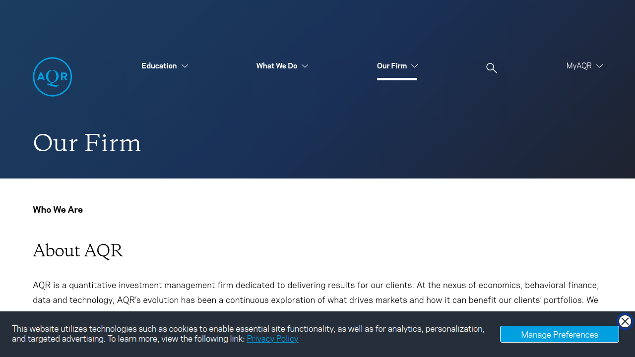 A screenshot of AQR Capital Management's 'About Us' page, highlighting its founding principles and history in quantitative investing.