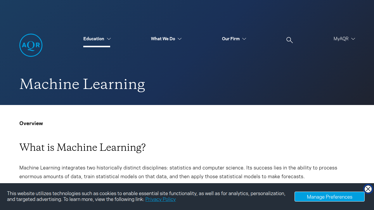 A screenshot of AQR Capital Management's section on Machine Learning, demonstrating their commitment to AI-driven investment techniques.