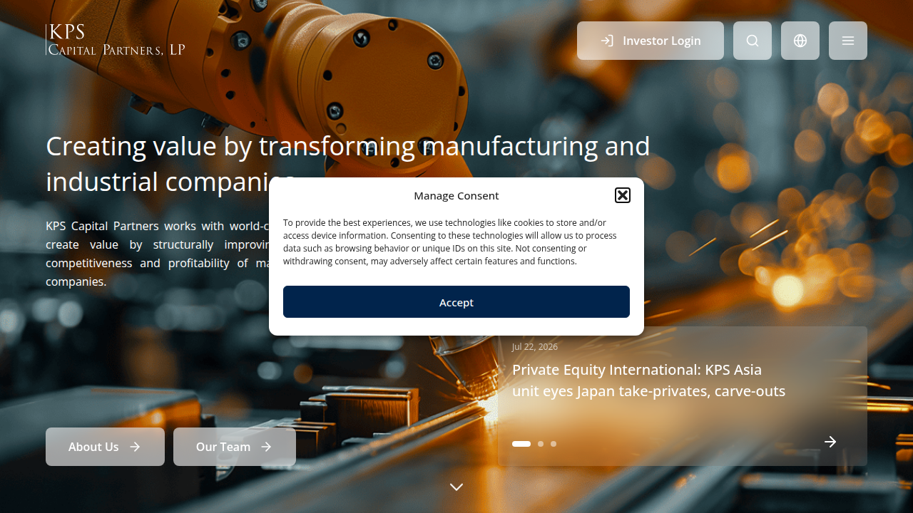 The homepage of KPS Capital Partners, a prominent global private equity firm.