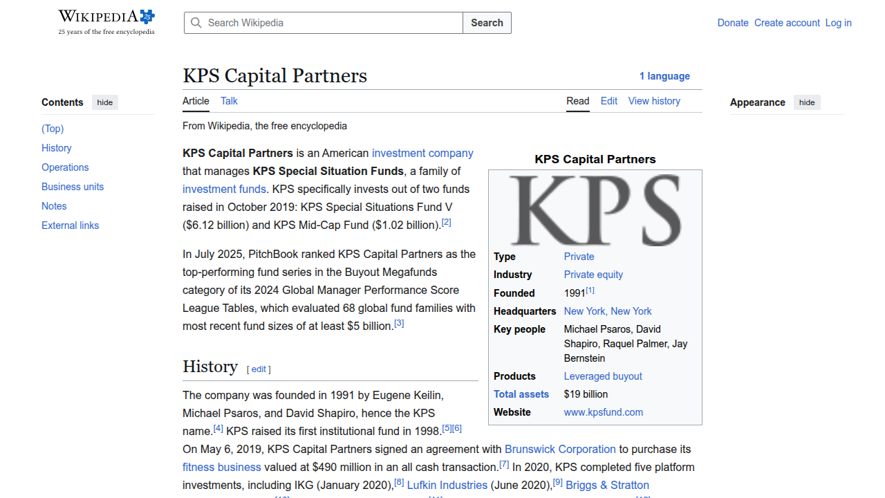 Wikipedia entry for KPS Capital Partners, detailing its history and founders.