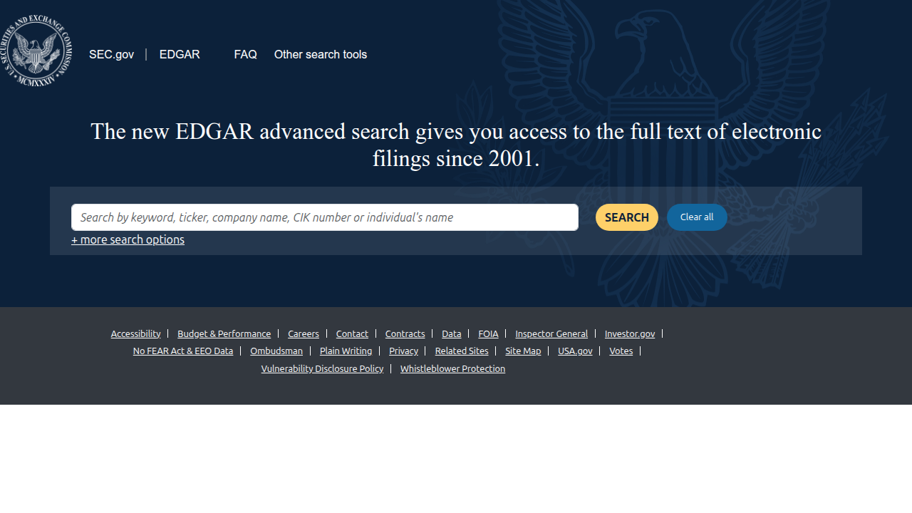 The SEC EDGAR database search page, a valuable resource for tracking public financial reports.