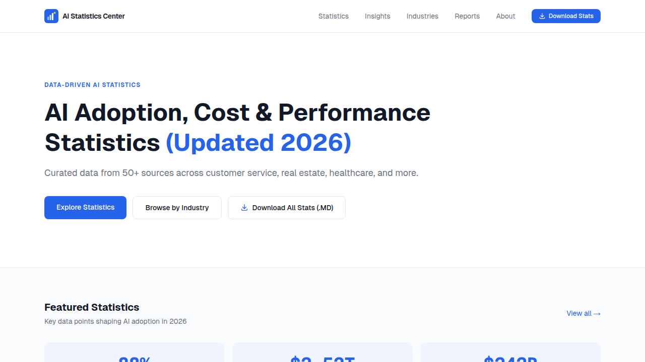 A screenshot of aistatisticscenter.com, a resource for current data and trends in AI market size and revenue.