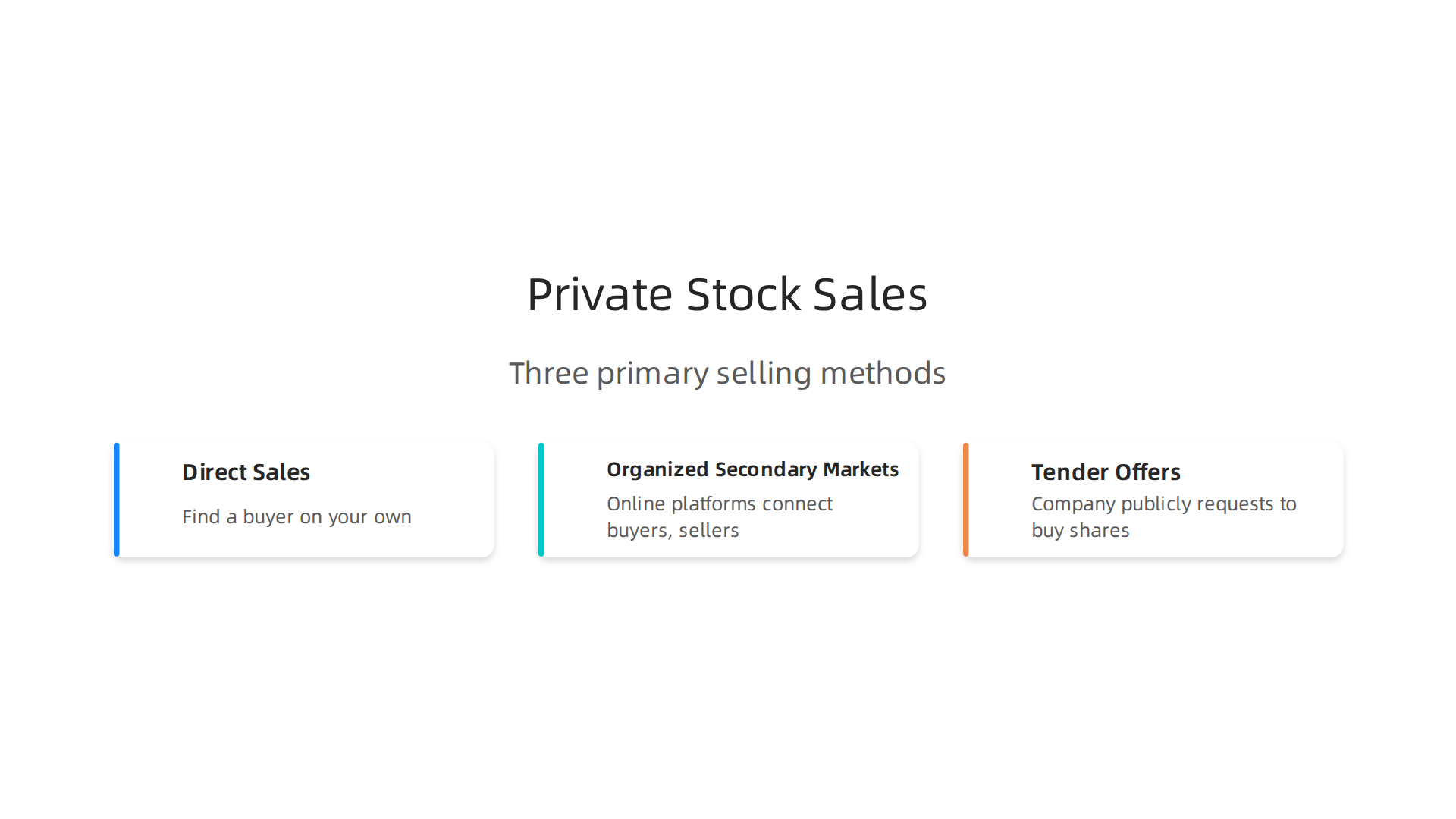 Explore the three primary methods for selling private company shares, each with unique advantages and challenges.